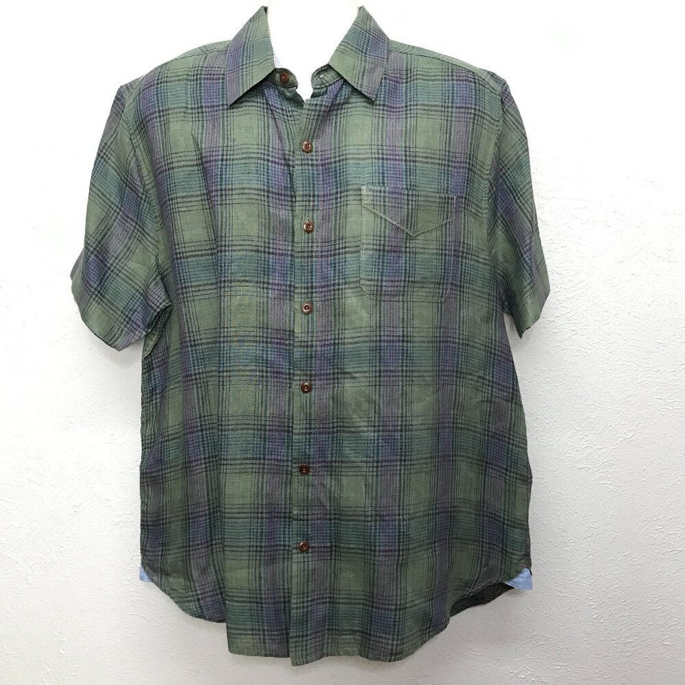 True Grit Button Shirt Mens L Green Purple Plaid Linen Short Sleeve Pocket